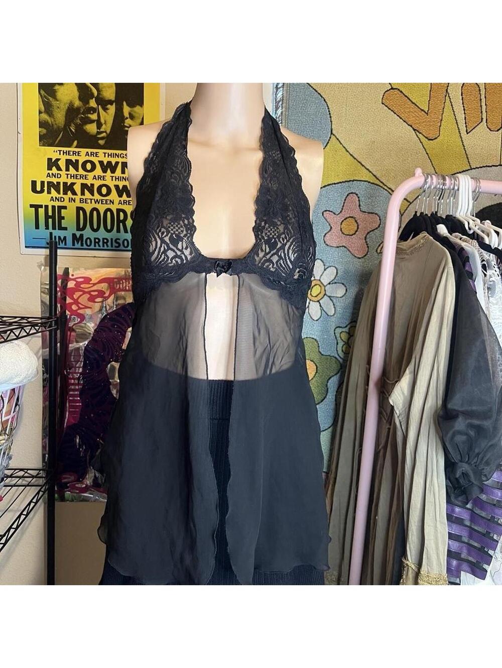 Vintage Frederick’s of Hollywood Black Sheer Lace Halter Top